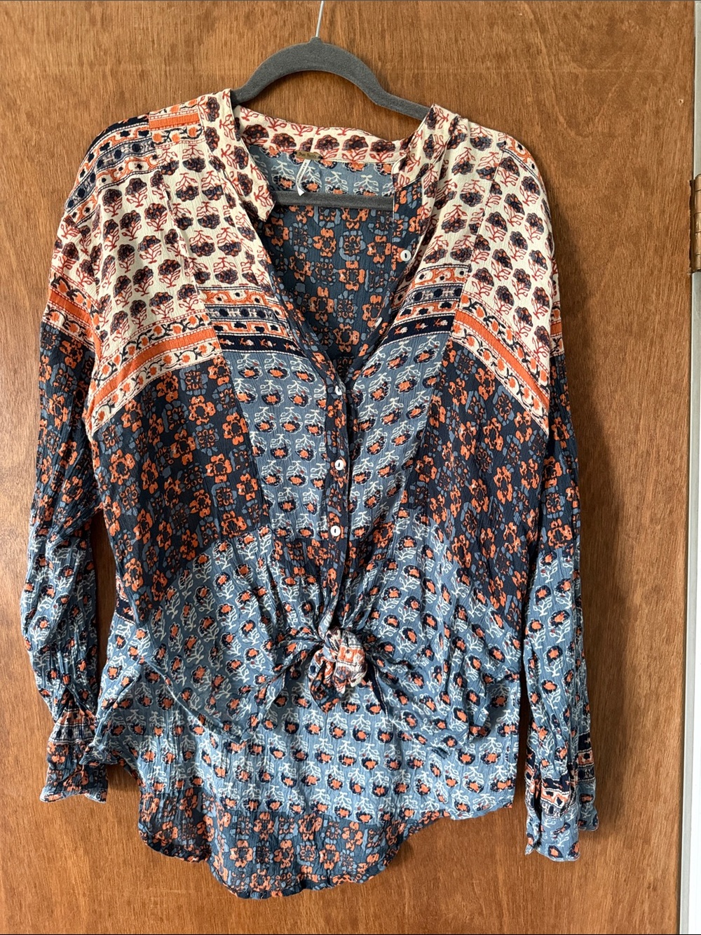 Free People Floral Button-Front Tie Blouse - Navy & Rust